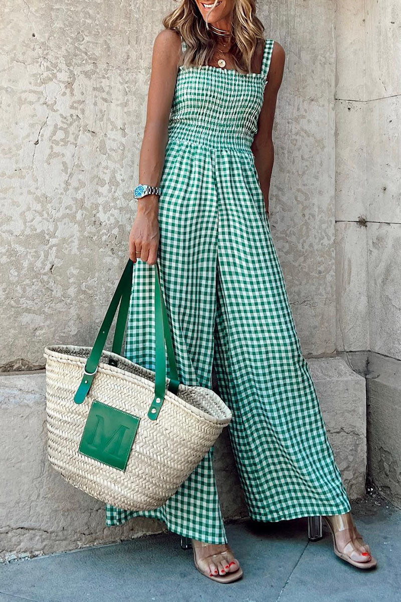 Jumpsuit ample à bretelles spaghetti, imprimé à carreaux et patchwork, style décontracté (4 couleurs)