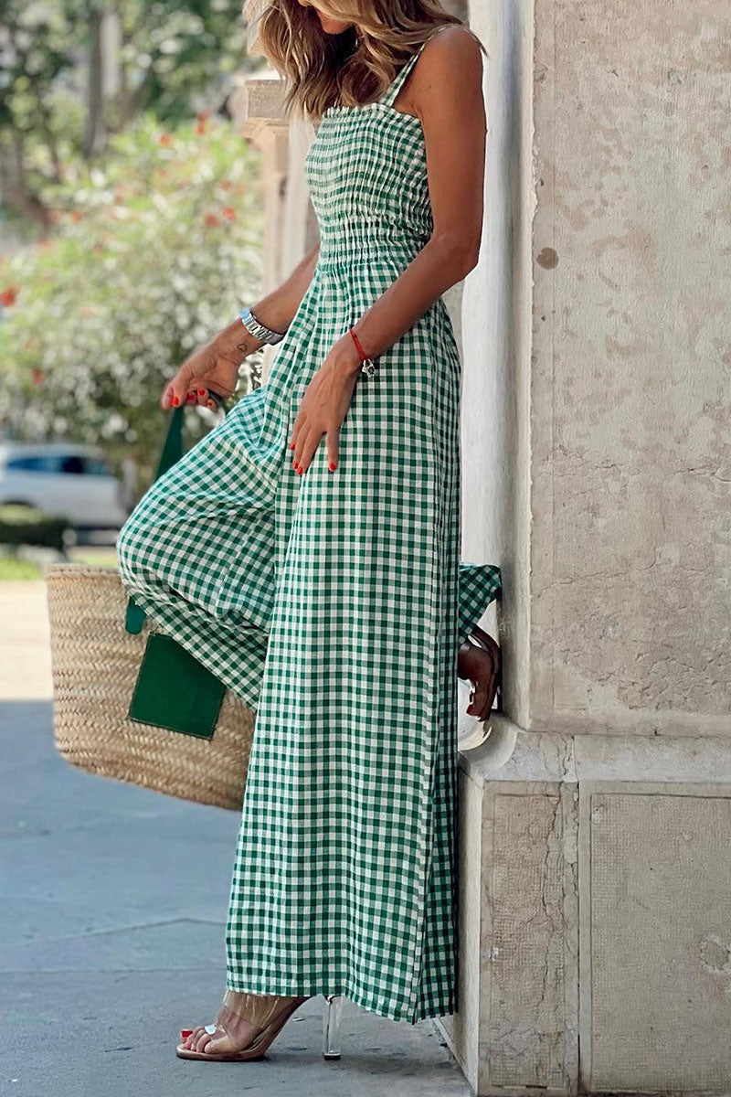 Jumpsuit ample à bretelles spaghetti, imprimé à carreaux et patchwork, style décontracté (4 couleurs)