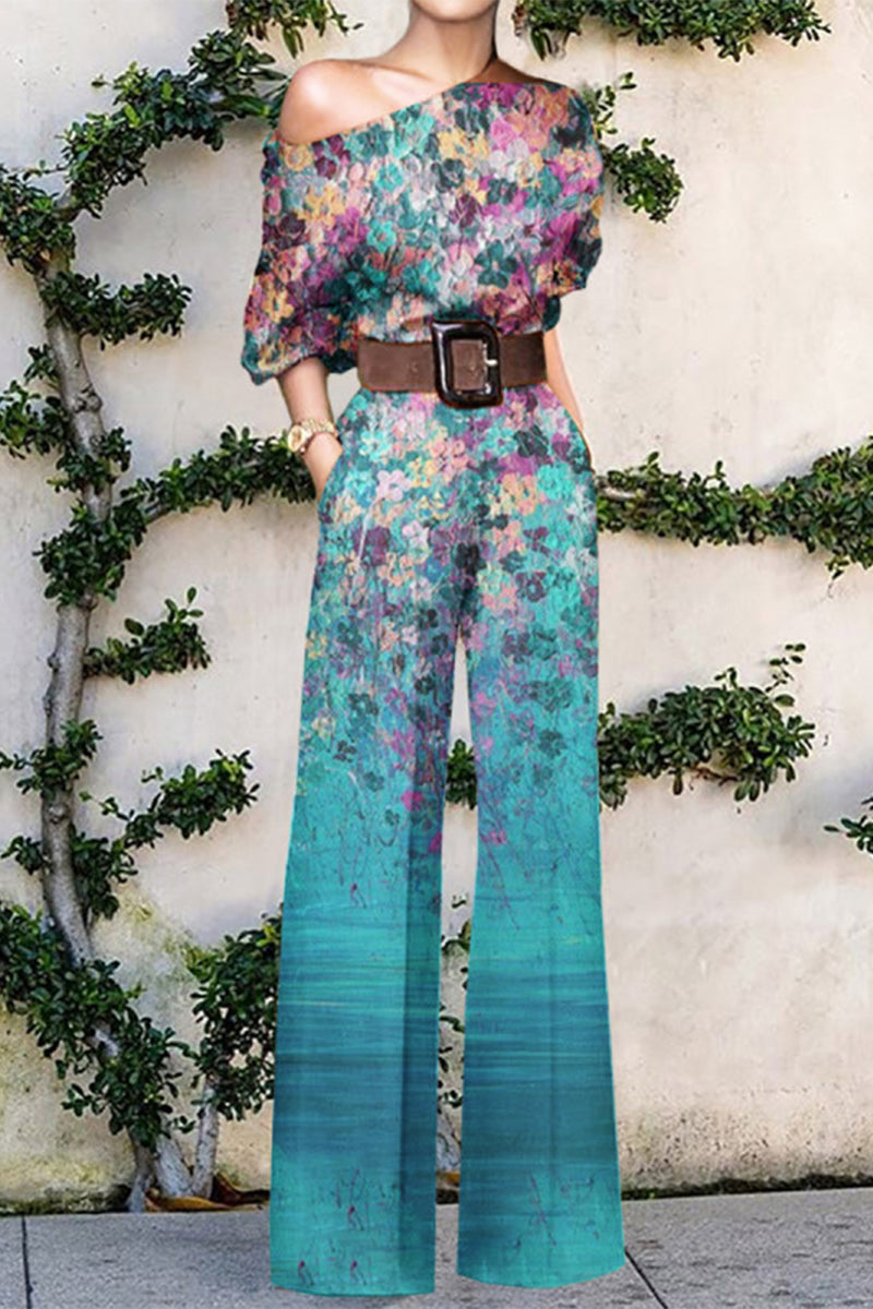 Jumpsuit ample décontracté et tendance, imprimé, sans ceinture, un seul épaule (7 couleurs)