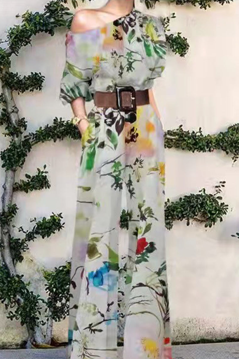 Jumpsuit ample décontracté et tendance, imprimé, sans ceinture, un seul épaule (7 couleurs)
