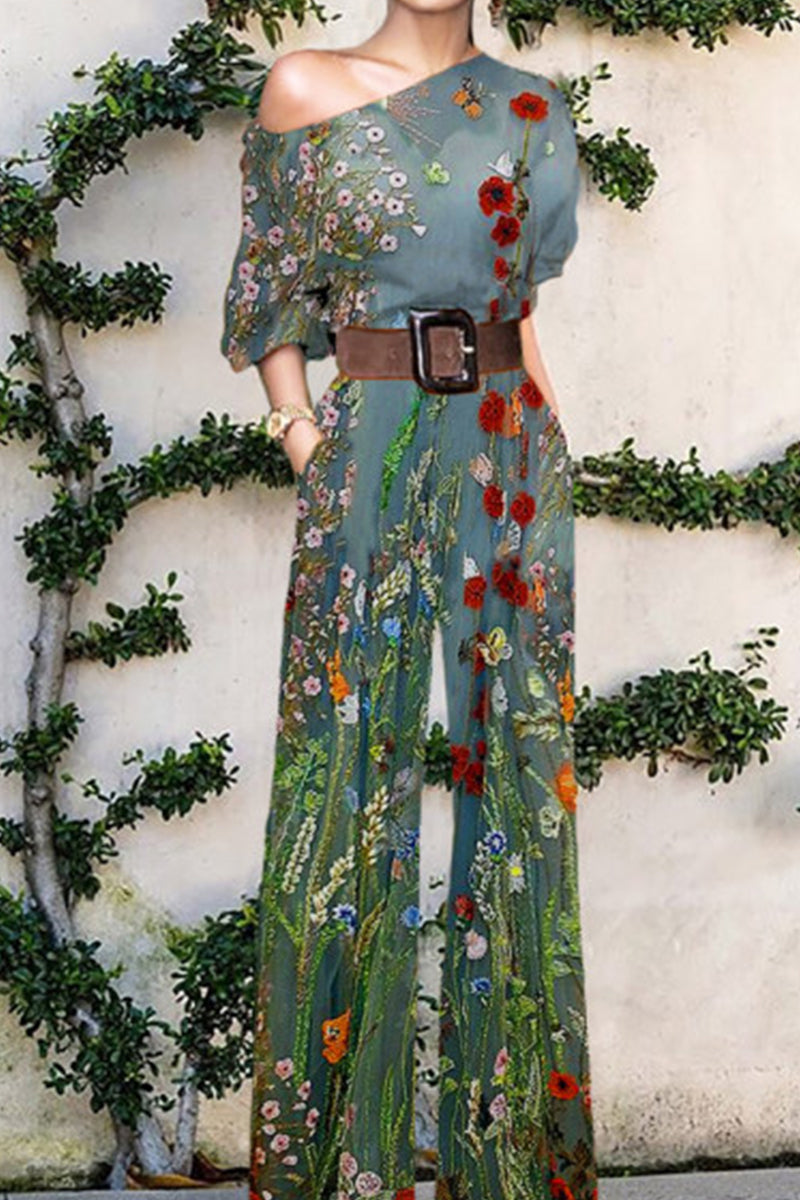 Jumpsuit ample décontracté et tendance, imprimé, sans ceinture, un seul épaule (7 couleurs)