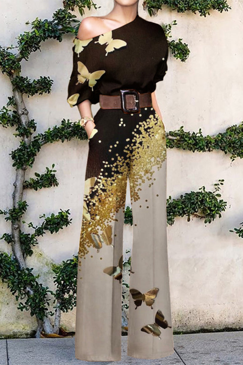 Jumpsuit ample décontracté et tendance, imprimé, sans ceinture, un seul épaule (7 couleurs)