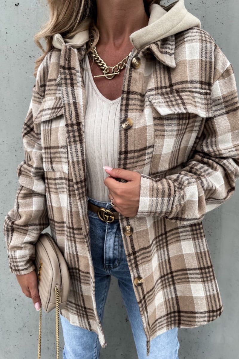 Vêtements d'extérieur à la mode, décontractés, à carreaux, avec col montant contrasté.