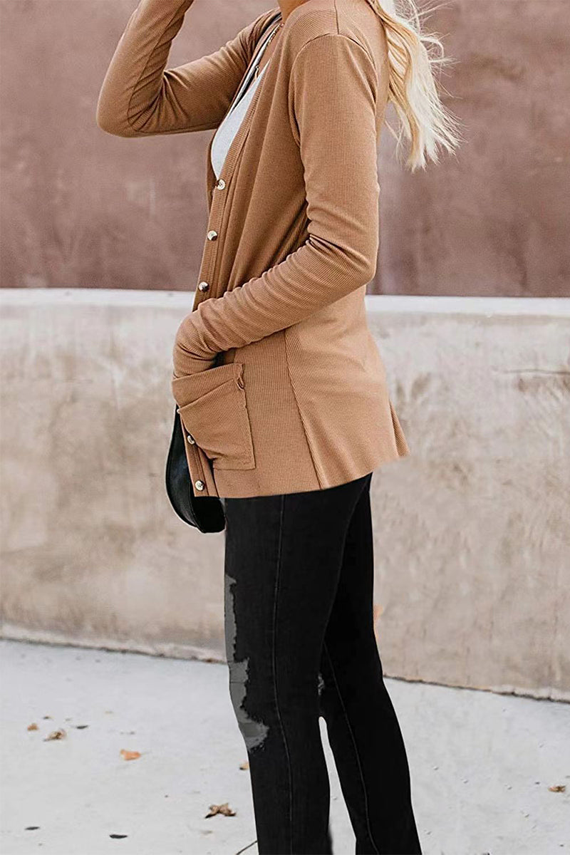 Fashion Casual Solid Patchwork Buttons V Neck T-Shirts(6 Colors)