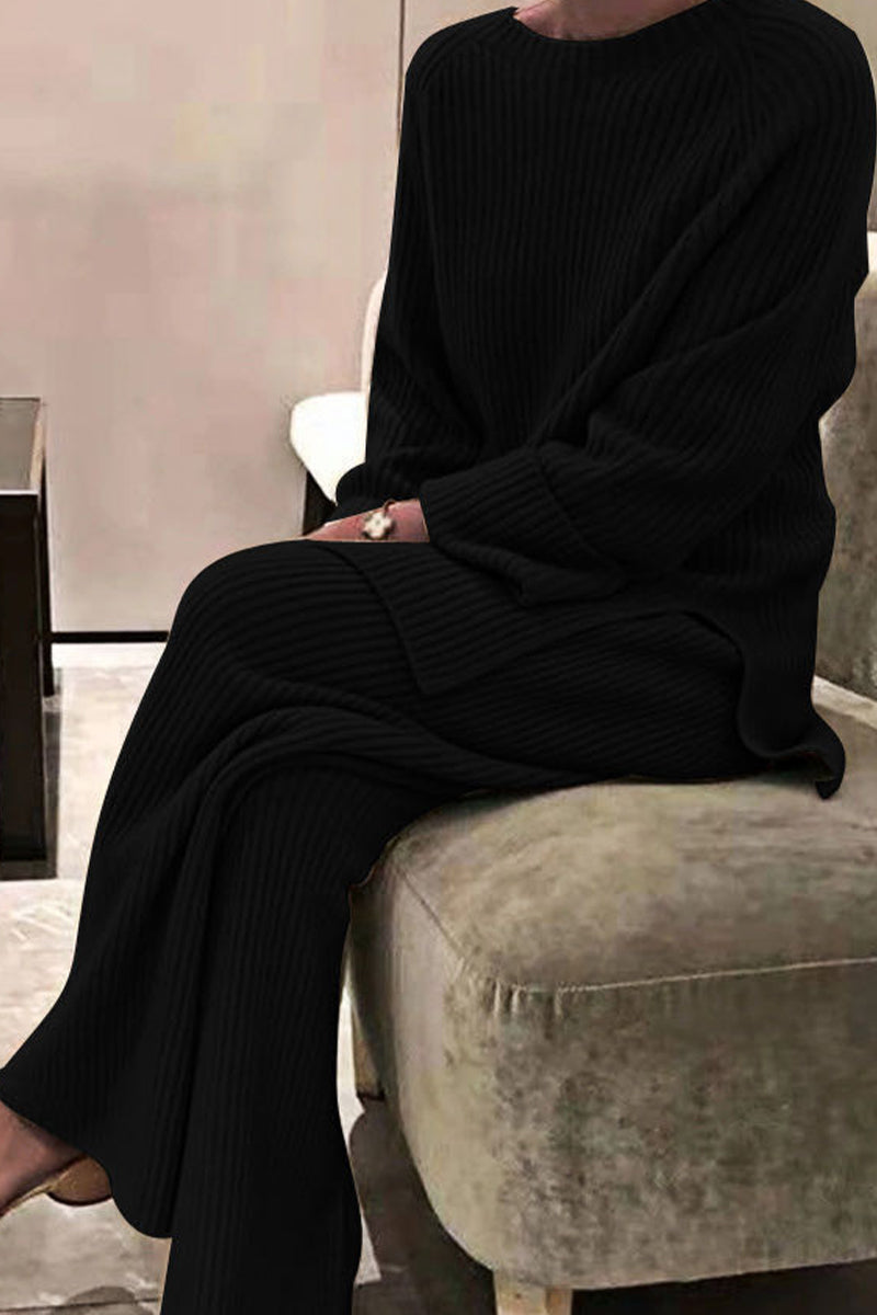 Casual Solid Solid Color O Neck Long Sleeve Two Pieces(5 Colors)