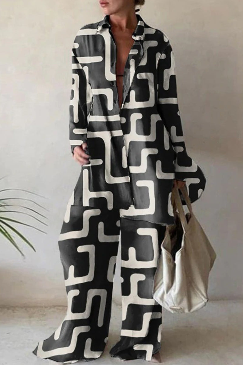 Casual Print Turndown Collar Long Sleeve Two Pieces(5 Colors)