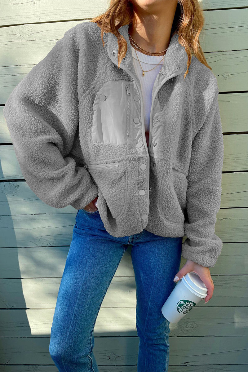 Vêtements d'extérieur à col mandarin, style patchwork uni et à poches (2 couleurs)