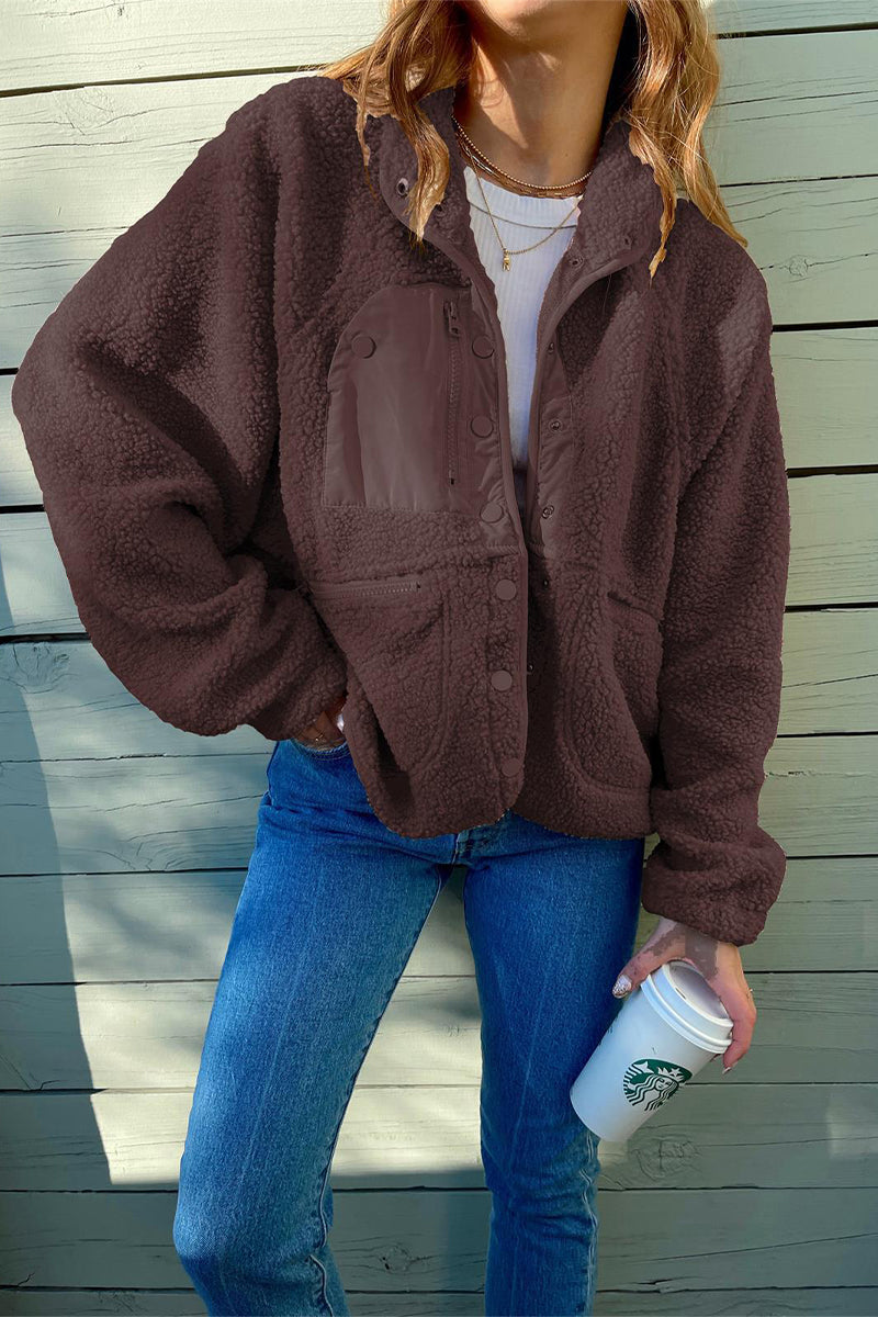 Vêtements d'extérieur à col mandarin, style patchwork uni et à poches (2 couleurs)