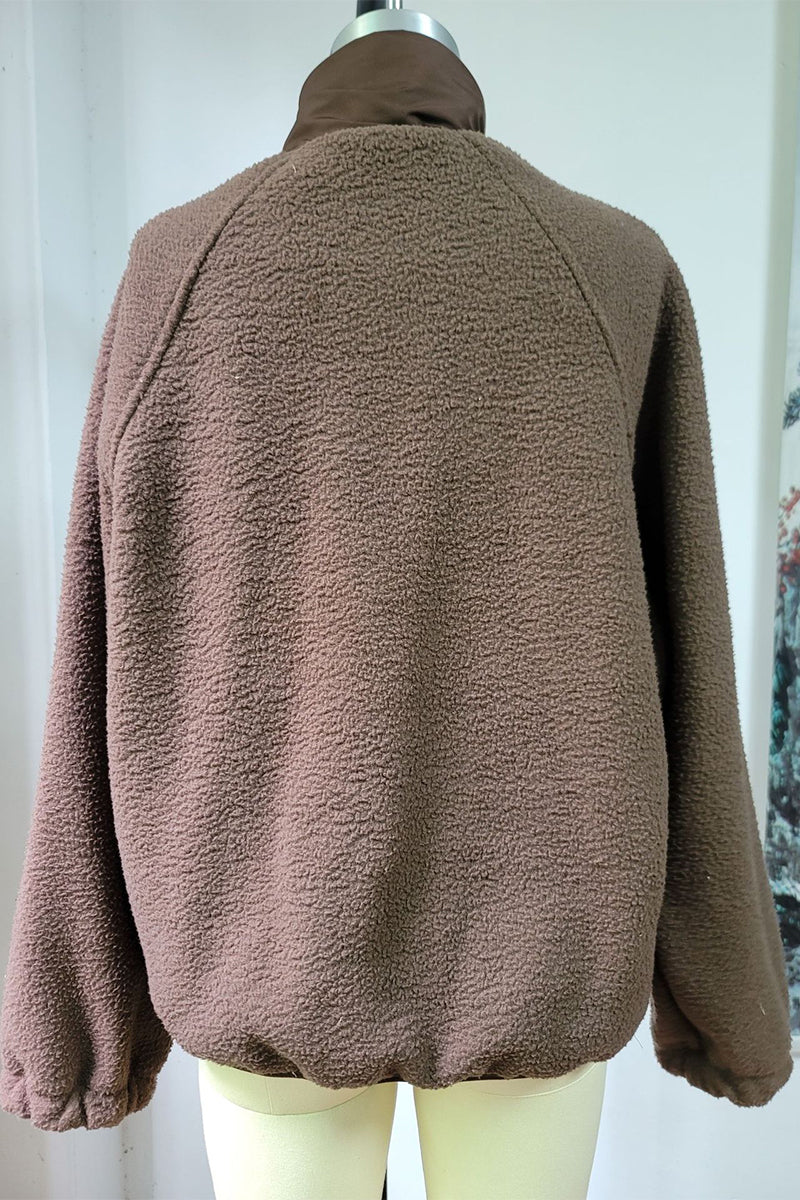 Vêtements d'extérieur à col mandarin, style patchwork uni et à poches (2 couleurs)