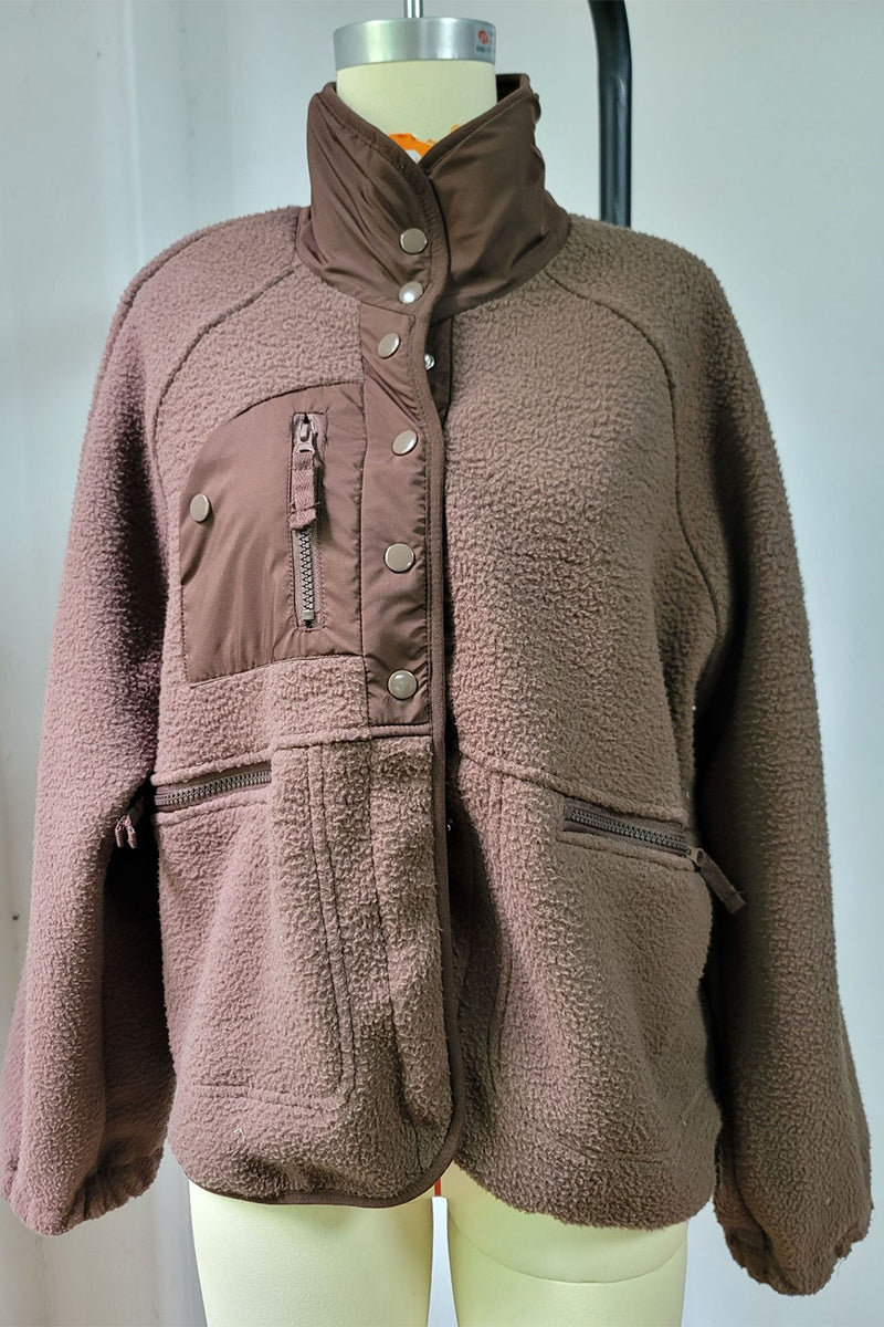 Vêtements d'extérieur à col mandarin, style patchwork uni et à poches (2 couleurs)