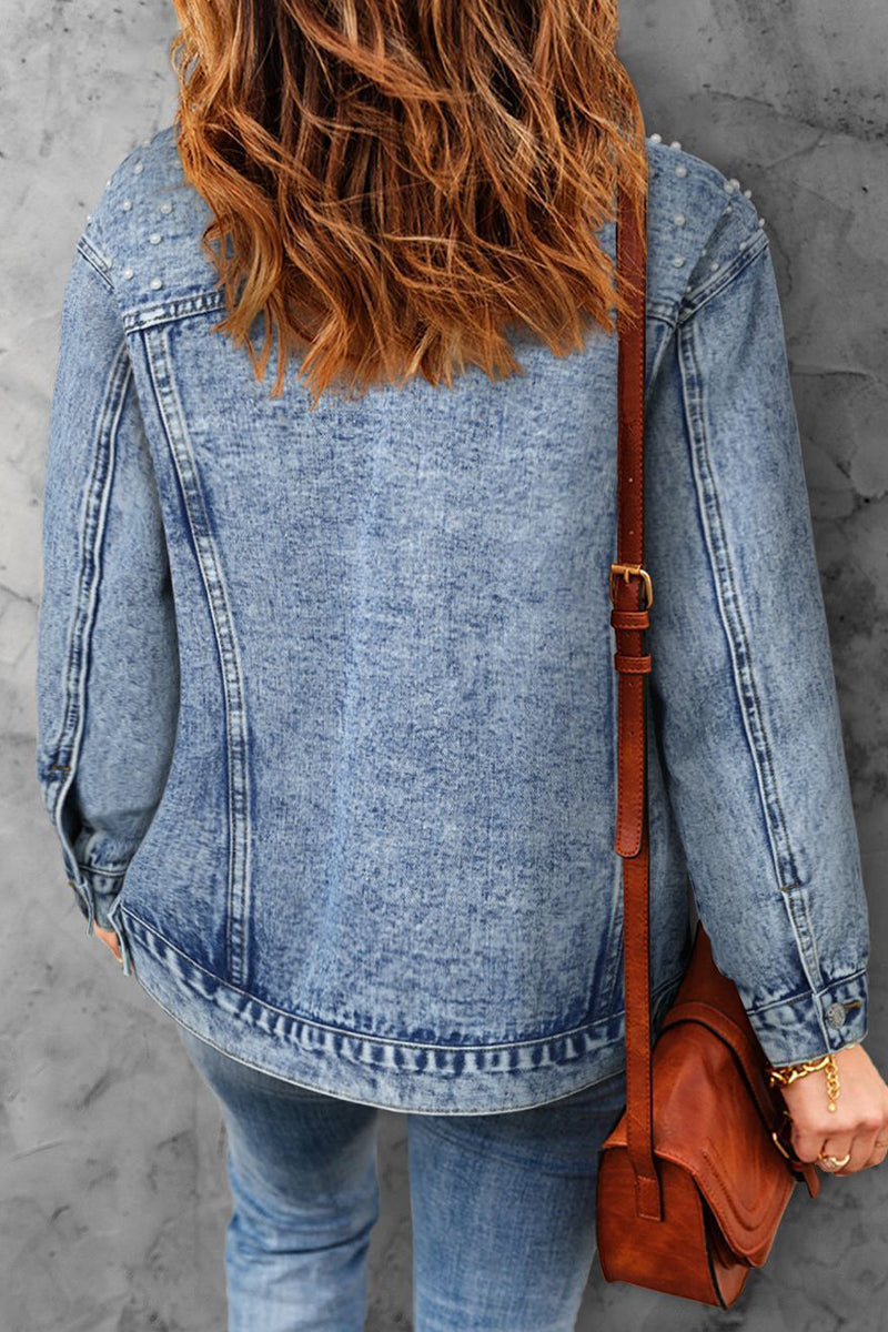 Vêtements d'extérieur à col rond, style patchwork, avec poches, boucles et perles.