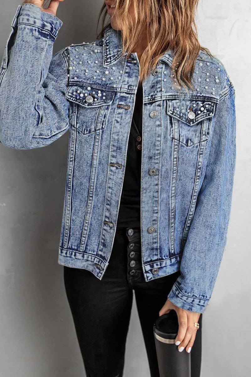 Vêtements d'extérieur à col rond, style patchwork, avec poches, boucles et perles.