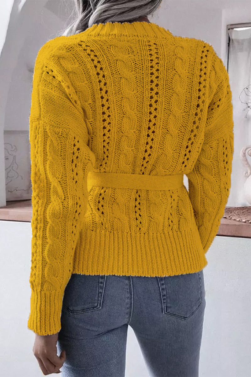 Casual Solid Hollowed Out Buckle With Belt Cardigan Collar Tops