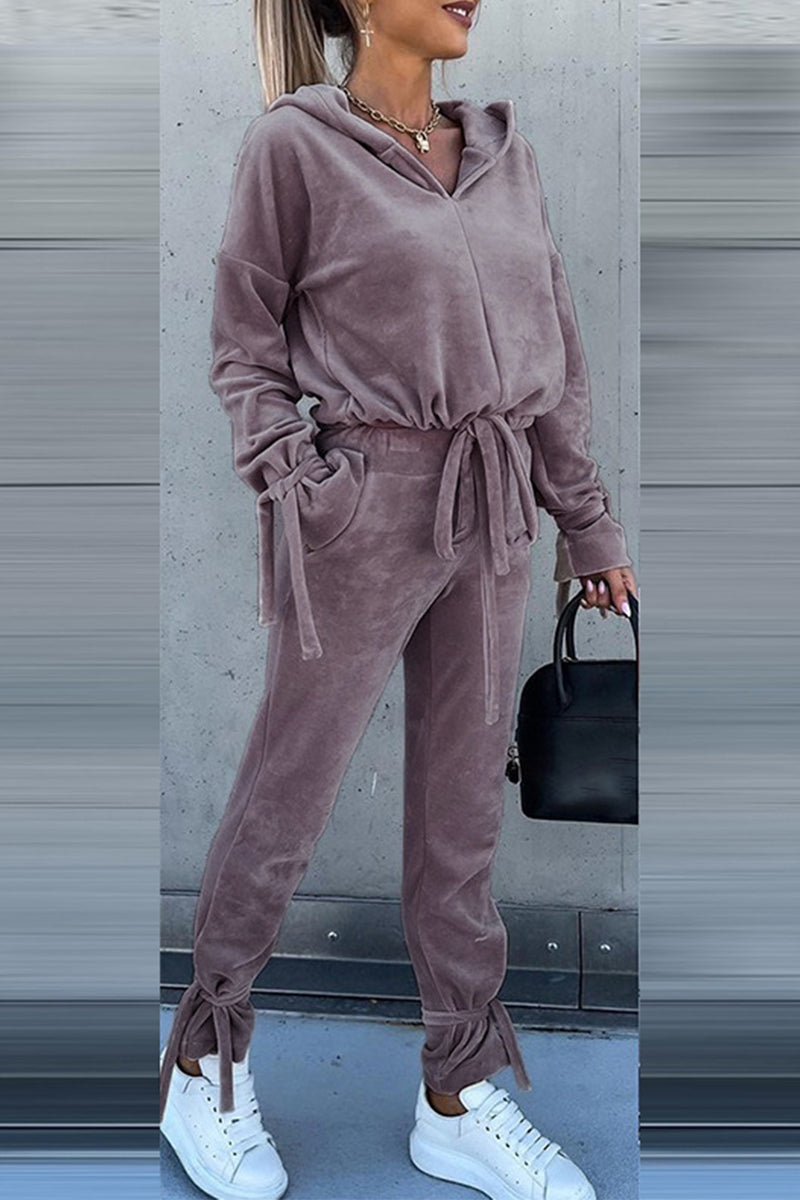 Elegant Solid Solid Color Hooded Collar Long Sleeve Two Pieces