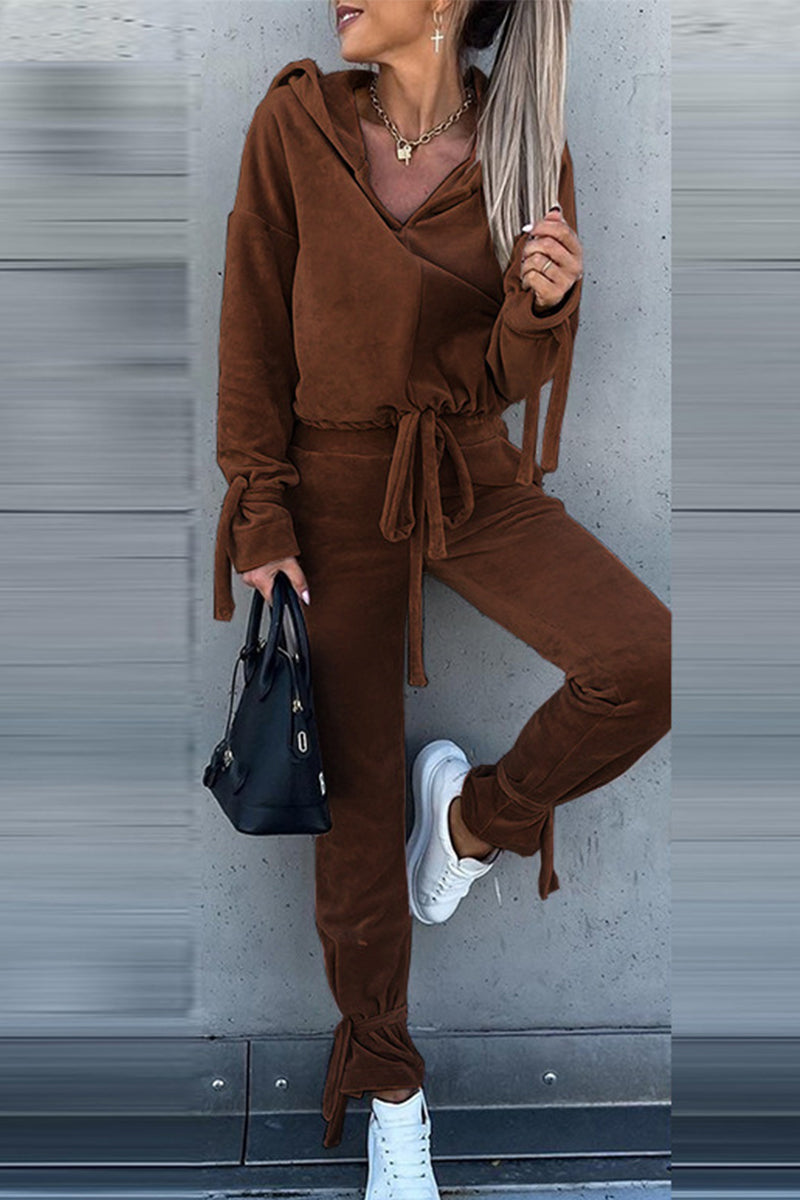 Elegant Solid Solid Color Hooded Collar Long Sleeve Two Pieces