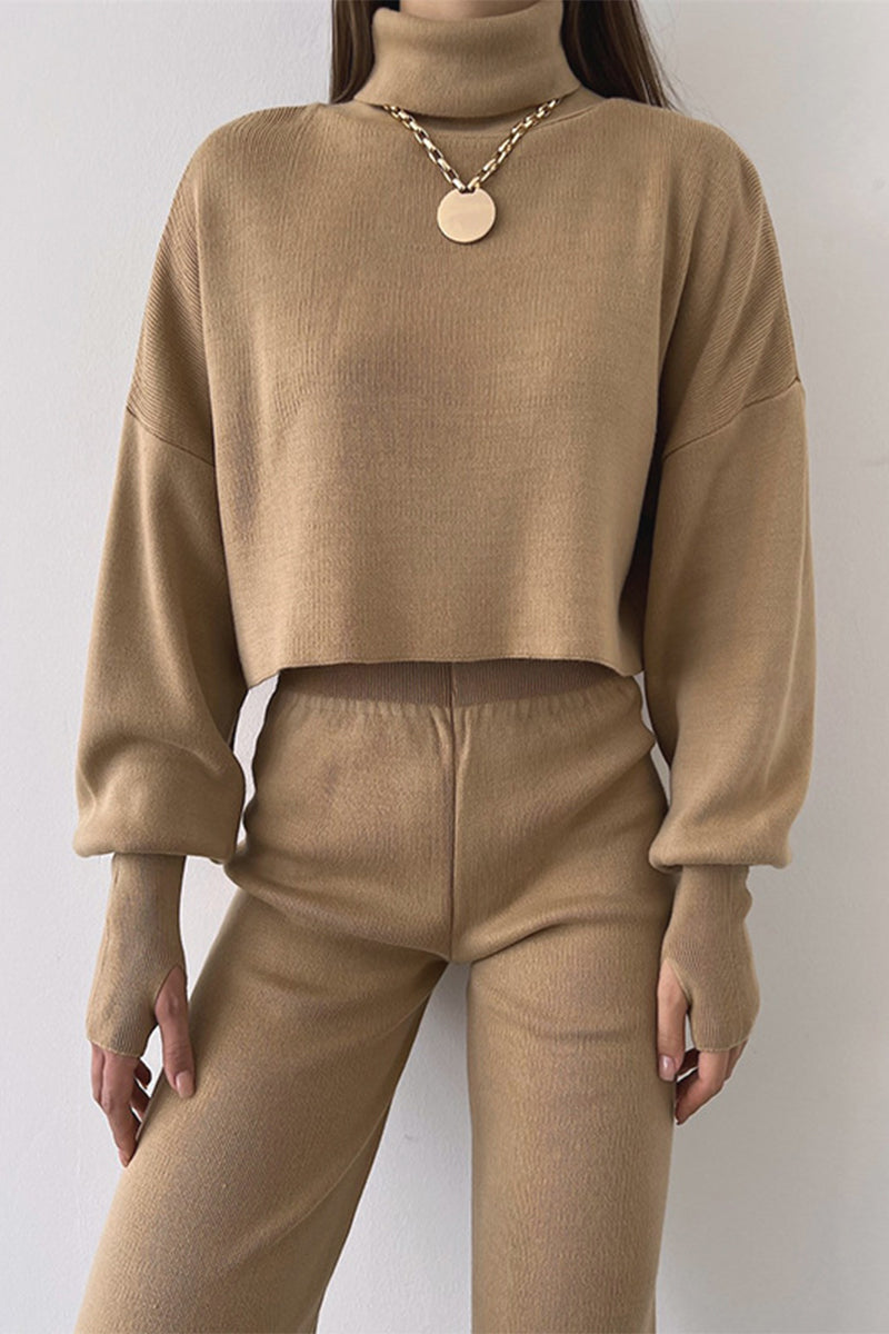 Casual Solid Turtleneck Long Sleeve Two Pieces(5 Colors)
