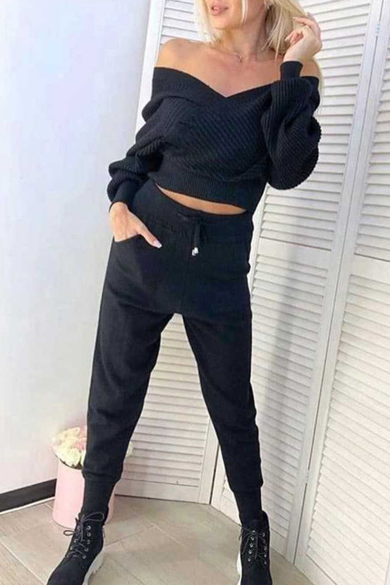 Ensemble deux pièces uni, col en V, manches 9/10 (3 couleurs)