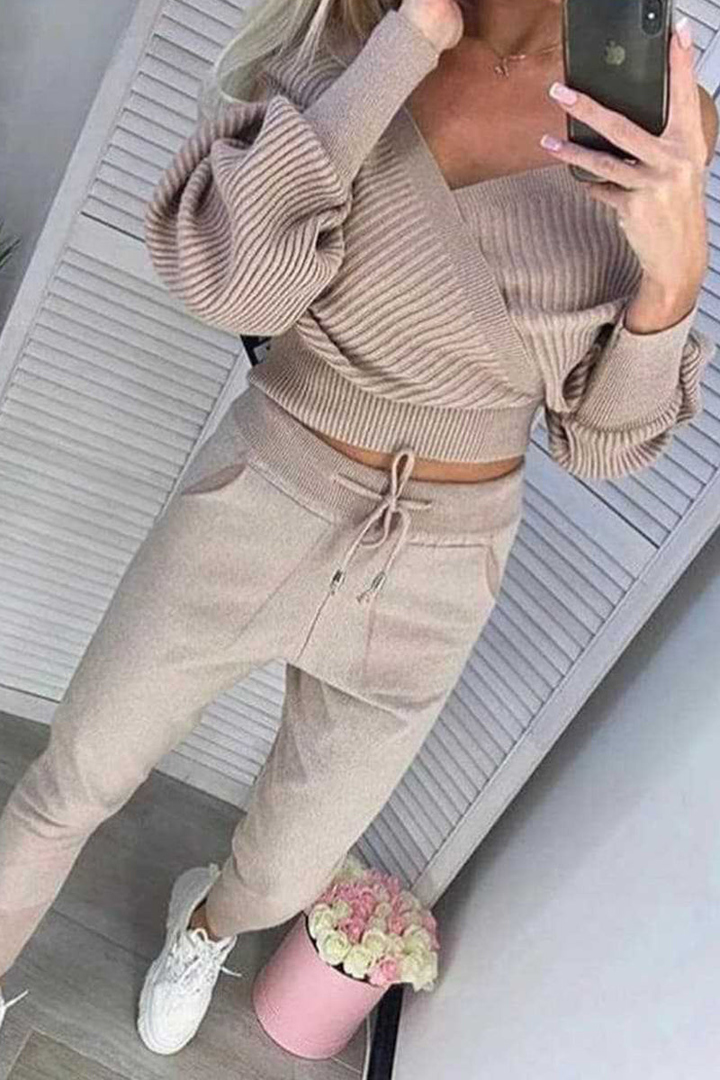 Ensemble deux pièces uni, col en V, manches 9/10 (3 couleurs)