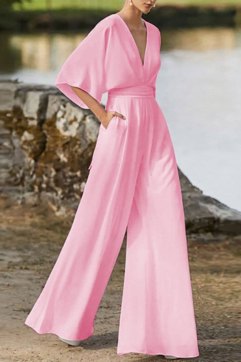 Jumpsuit élégant uni à col en V et jambes évasées (7 couleurs)