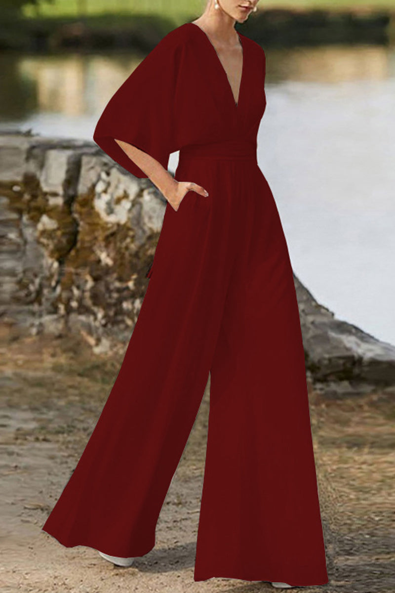 Jumpsuit élégant uni à col en V et jambes évasées (7 couleurs)