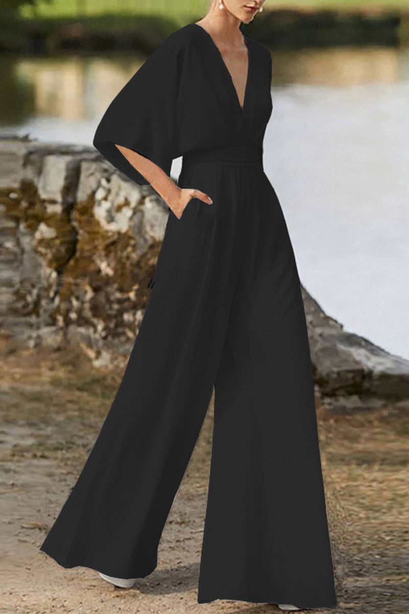 Jumpsuit élégant uni à col en V et jambes évasées (7 couleurs)