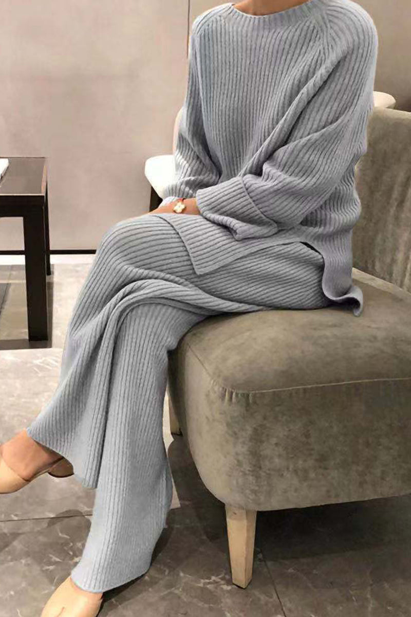 Casual Solid Solid Color O Neck Long Sleeve Two Pieces(5 Colors)