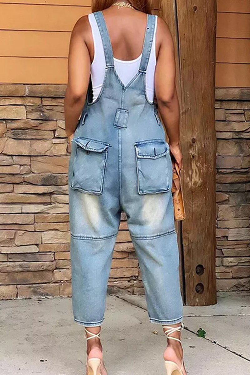 Street Solid Patchwork Buckle Square Collar Straight Jumpsuits(4 Colors)