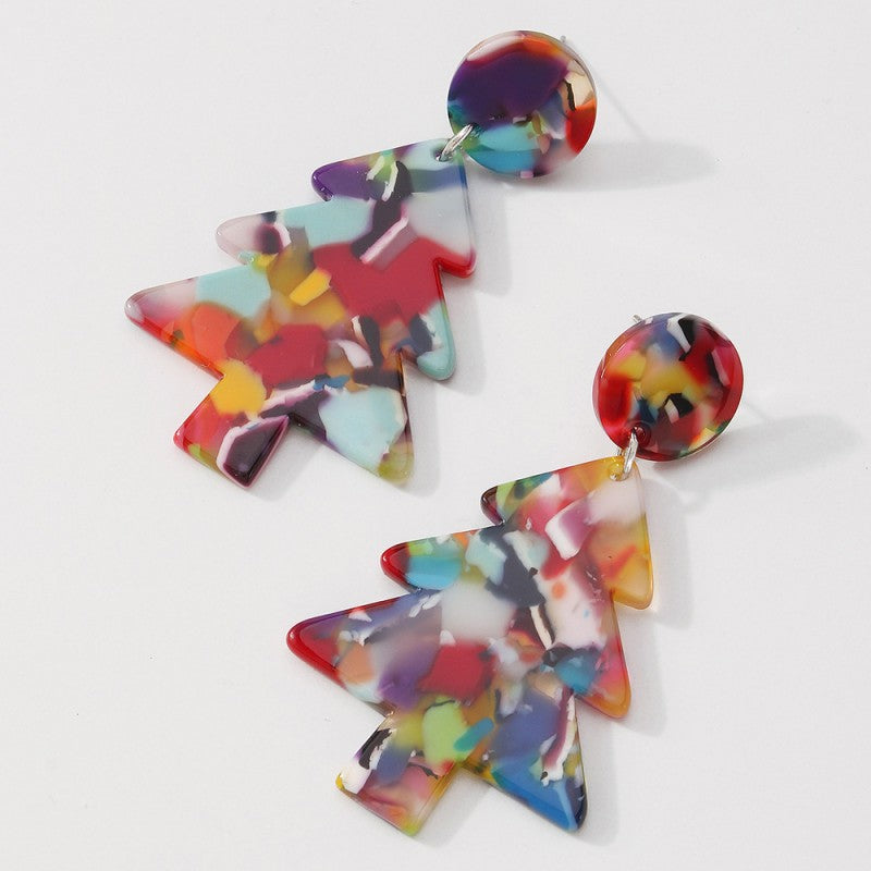 Boucles d'oreilles géométriques décontractées en patchwork en forme d'arbre de Noël