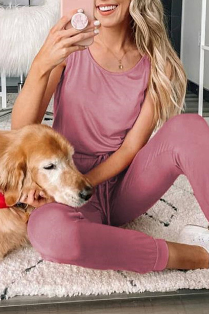 Combinaisons casual à col en U, en patchwork uni, avec fente.