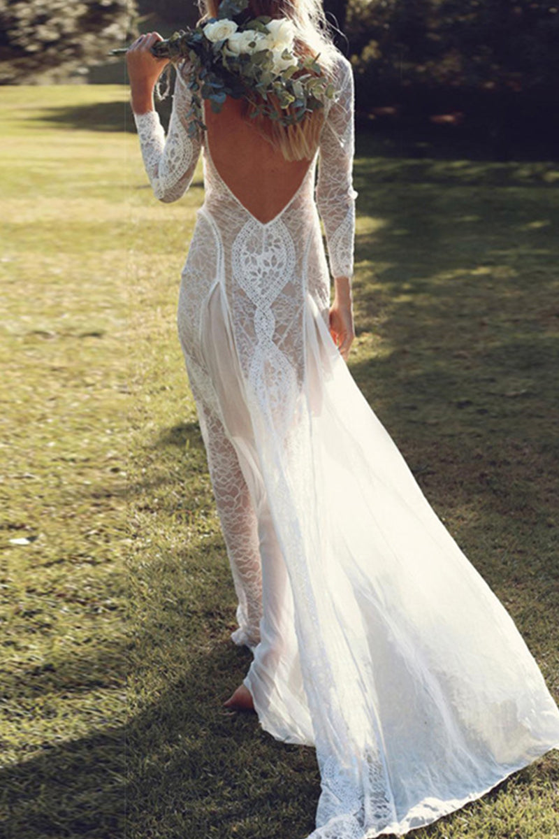 Robes longues à col rond, dos nu, en dentelle uni, mignonnes.