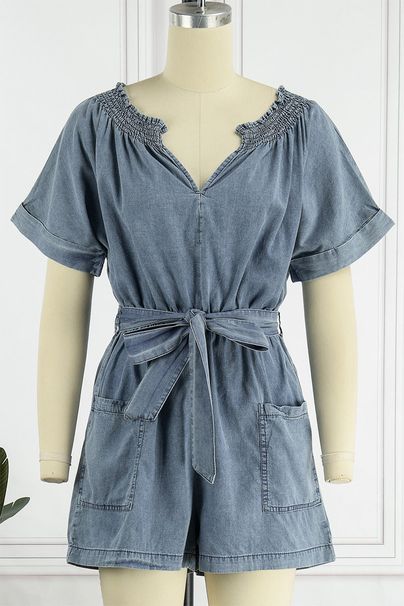 Street Solid Make Old V Neck Short Sleeve High Waist Loose Denim Jumpsuits
