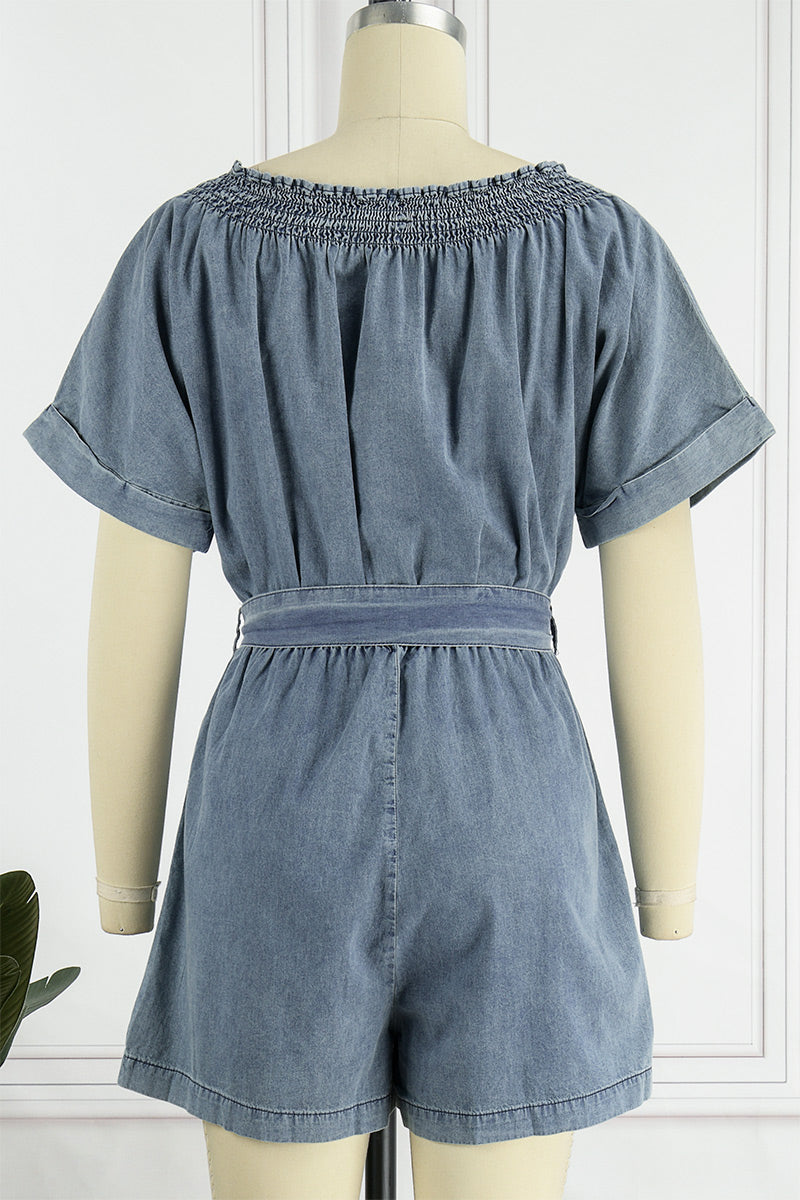 Street Solid Make Old V Neck Short Sleeve High Waist Loose Denim Jumpsuits