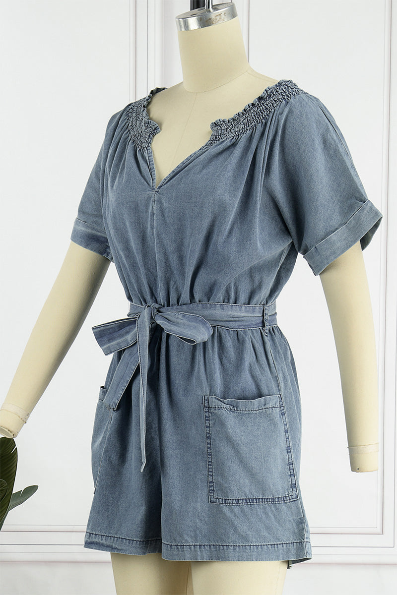Street Solid Make Old V Neck Short Sleeve High Waist Loose Denim Jumpsuits