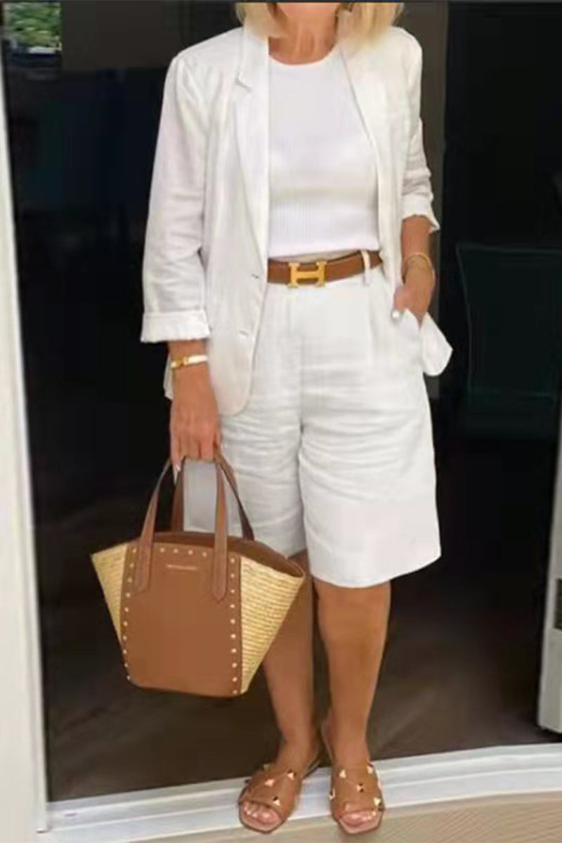 Casual Simplicity Solid Turn-back Collar Nine Points Sleeve Two Pieces(4 Colors)