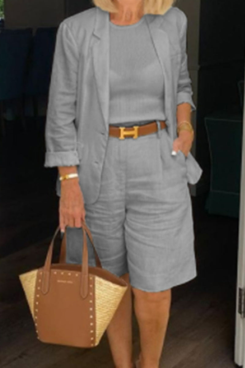 Casual Simplicity Solid Turn-back Collar Nine Points Sleeve Two Pieces(4 Colors)