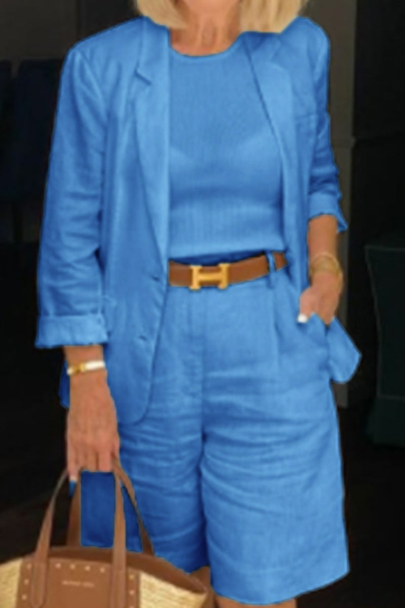 Casual Simplicity Solid Turn-back Collar Nine Points Sleeve Two Pieces(4 Colors)