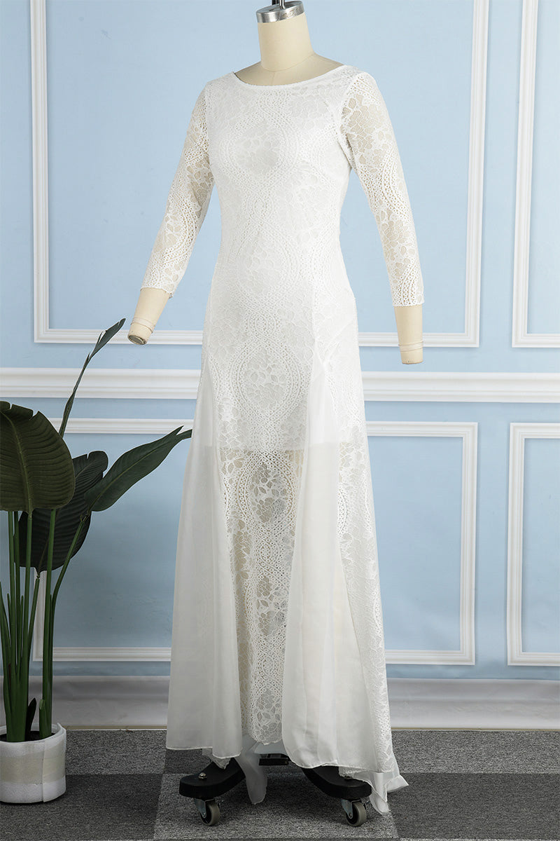 Robes longues à col rond, dos nu, en dentelle uni, mignonnes.