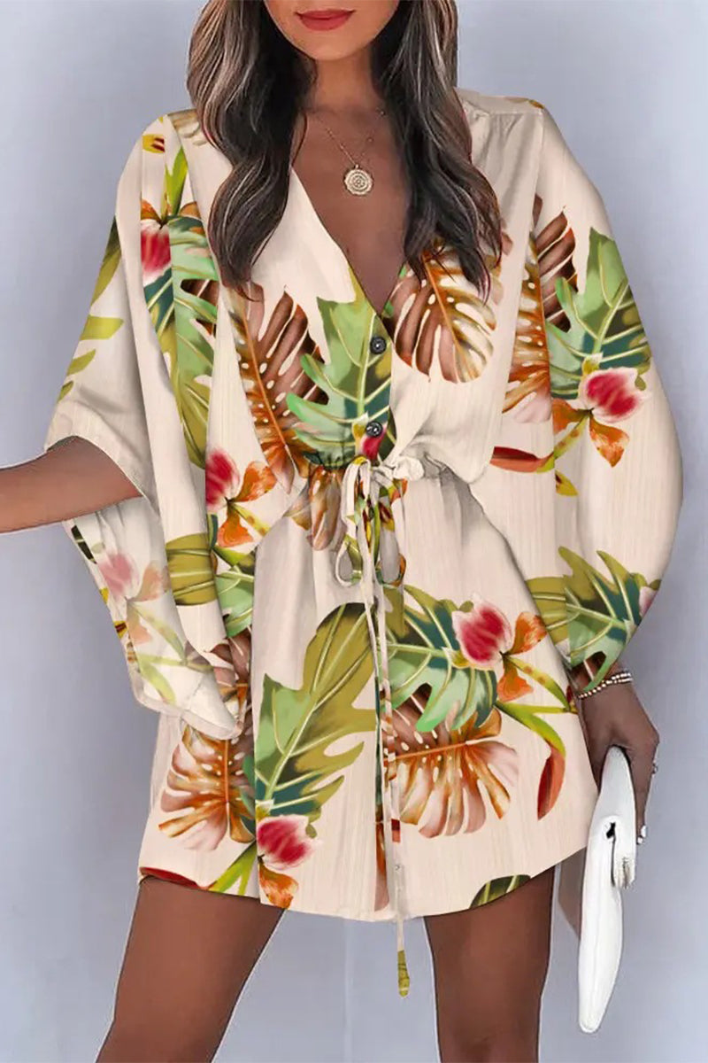 Fashion Casual Print Patchwork V Neck Dresses(12 Colors)