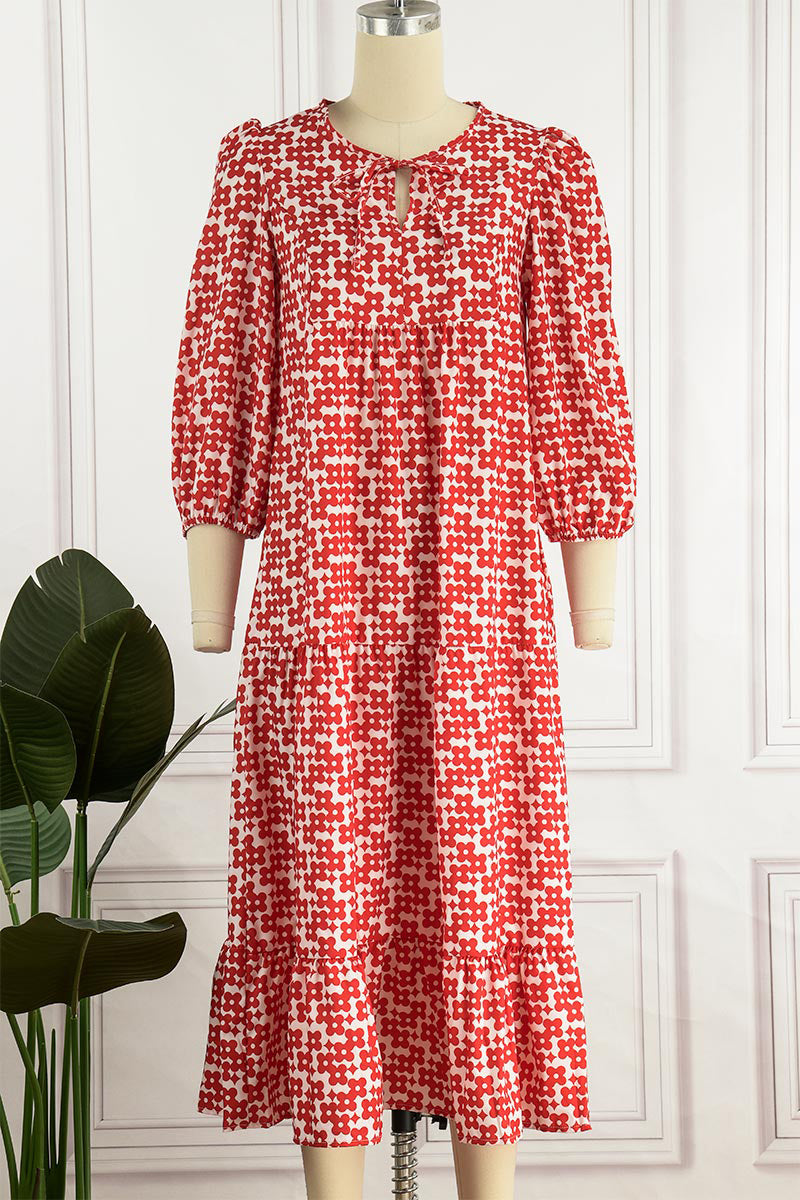 Sweet Elegant Print Flounce Printing O Neck Printed Dress Dresses(9 Colors)