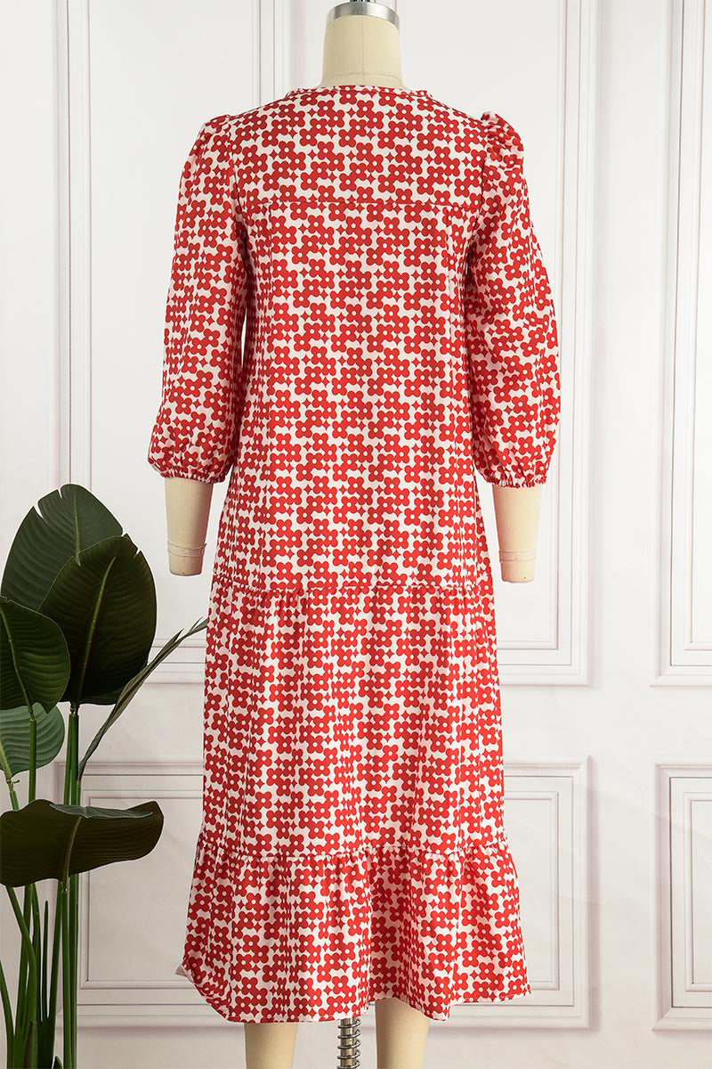 Sweet Elegant Print Flounce Printing O Neck Printed Dress Dresses(9 Colors)