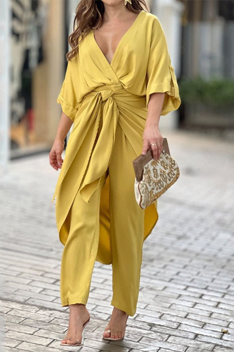 Combinaisons décontractées unies à col en V et à fente (3 couleurs)