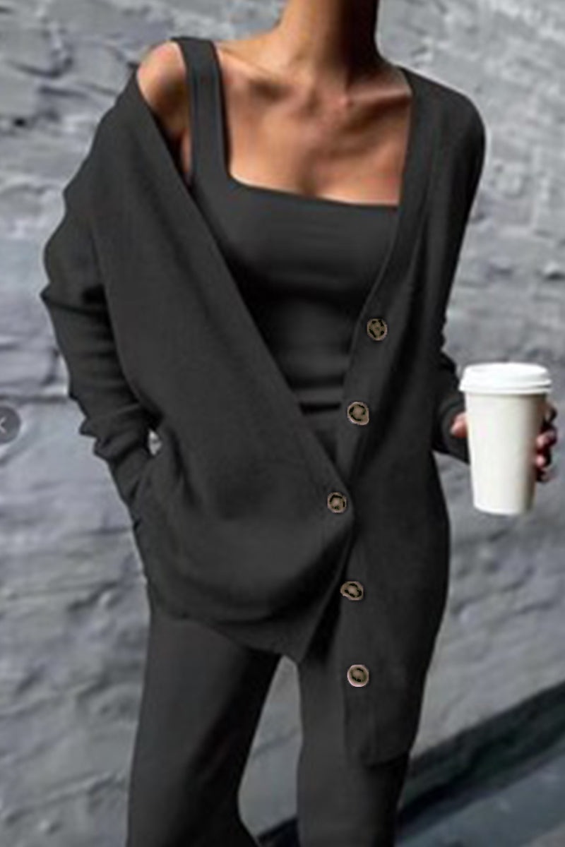 Ensemble 3 pièces casual uni et patchwork avec boucle (4 couleurs)