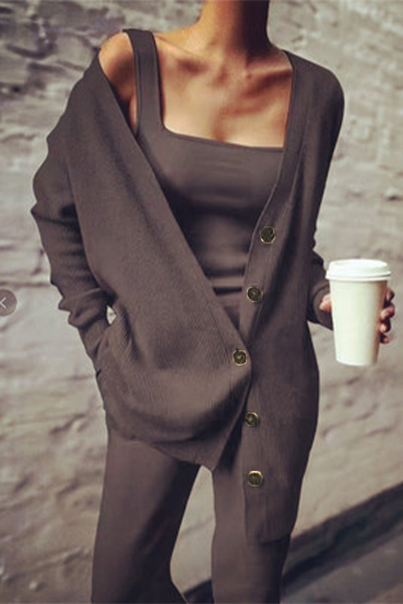 Ensemble 3 pièces casual uni et patchwork avec boucle (4 couleurs)