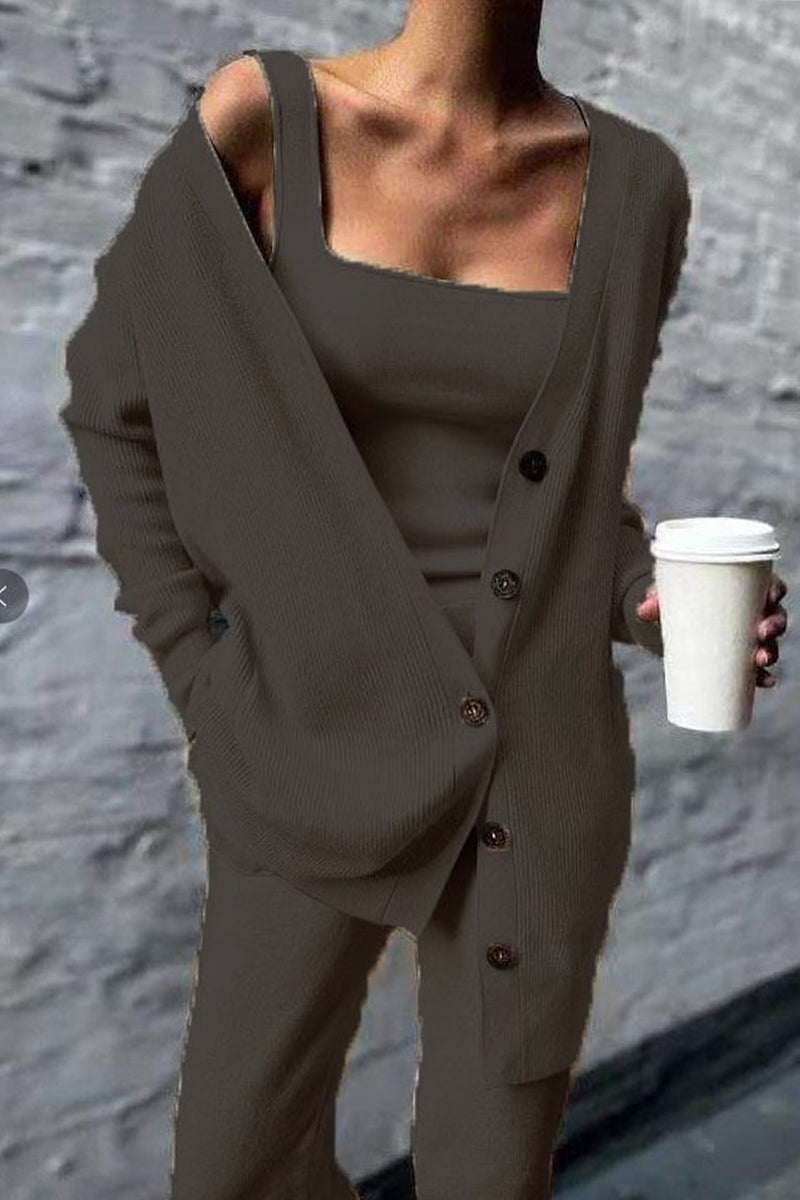 Ensemble 3 pièces casual uni et patchwork avec boucle (4 couleurs)