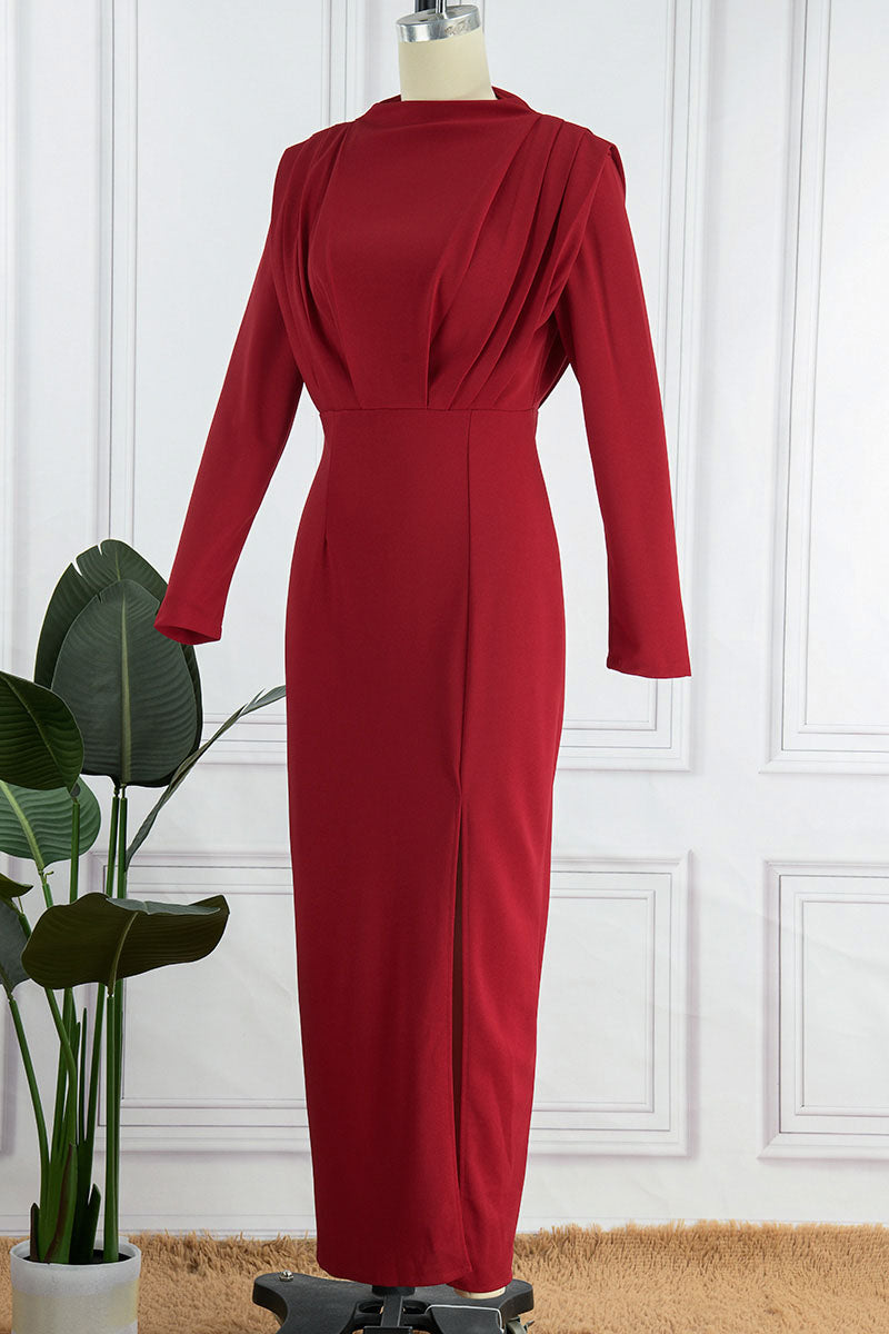 Elegant Solid Patchwork Backless Slit Fold O Neck Straight Dresses(3 Colors)