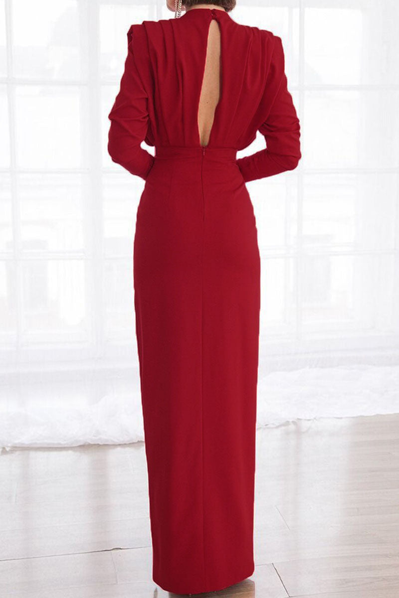 Elegant Solid Patchwork Backless Slit Fold O Neck Straight Dresses(3 Colors)