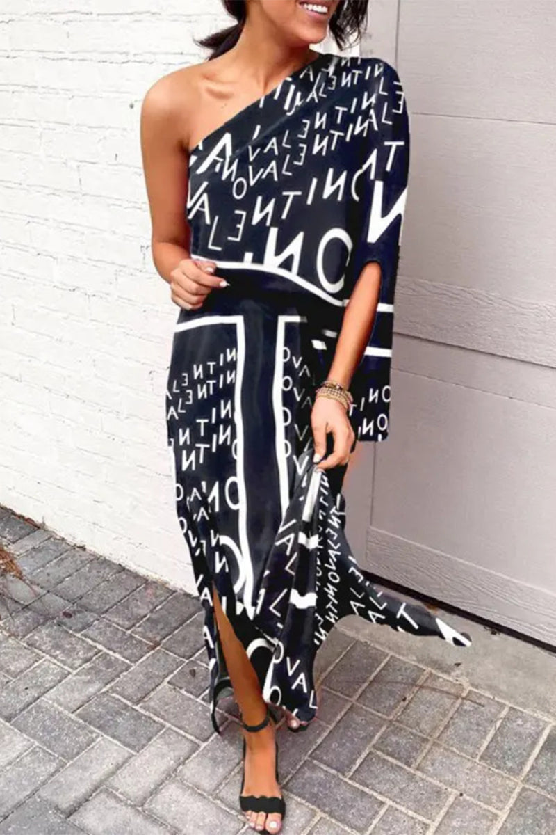 Plus Size Casual Vacation Print Patchwork Oblique Collar Irregular Dress Dresses