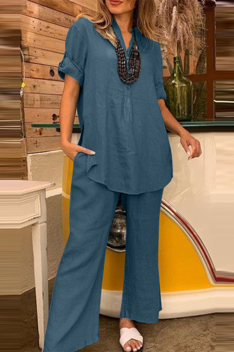Ensemble deux pièces pour le travail, simple, uni, avec boutons, col en V, manches courtes (3 couleurs)