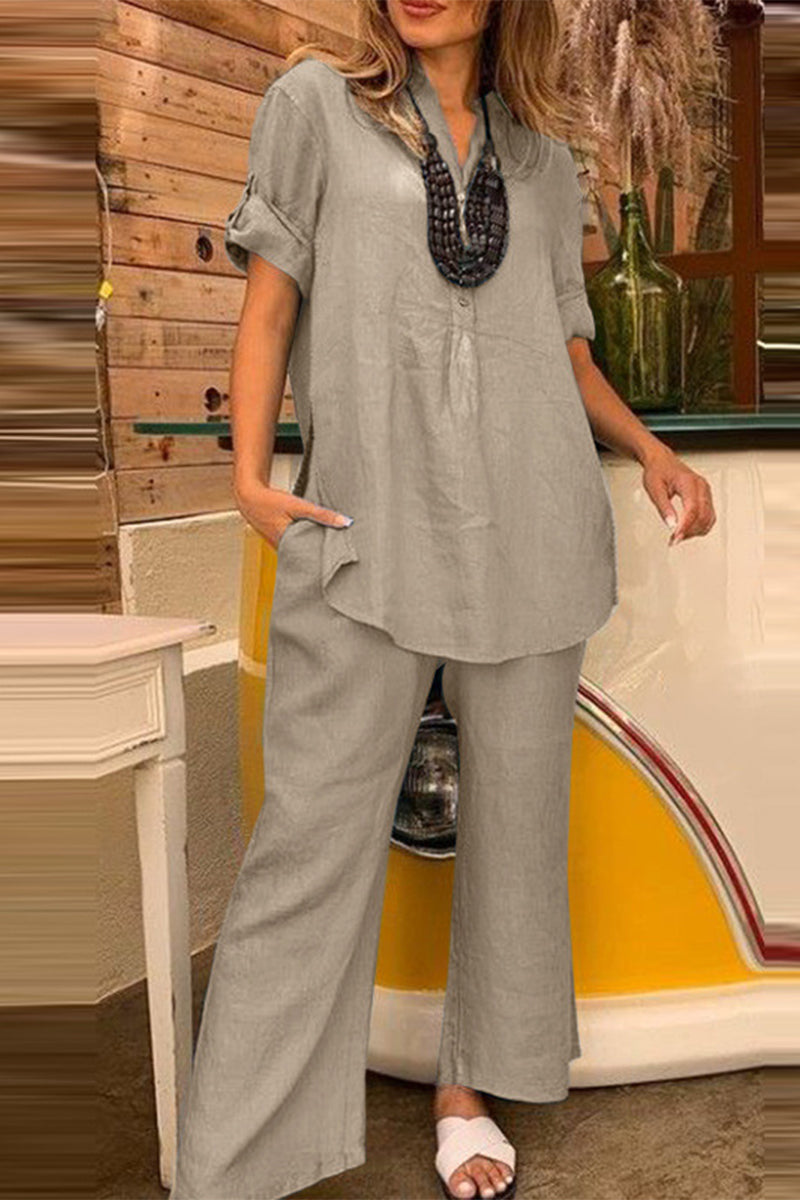 Ensemble deux pièces pour le travail, simple, uni, avec boutons, col en V, manches courtes (3 couleurs)