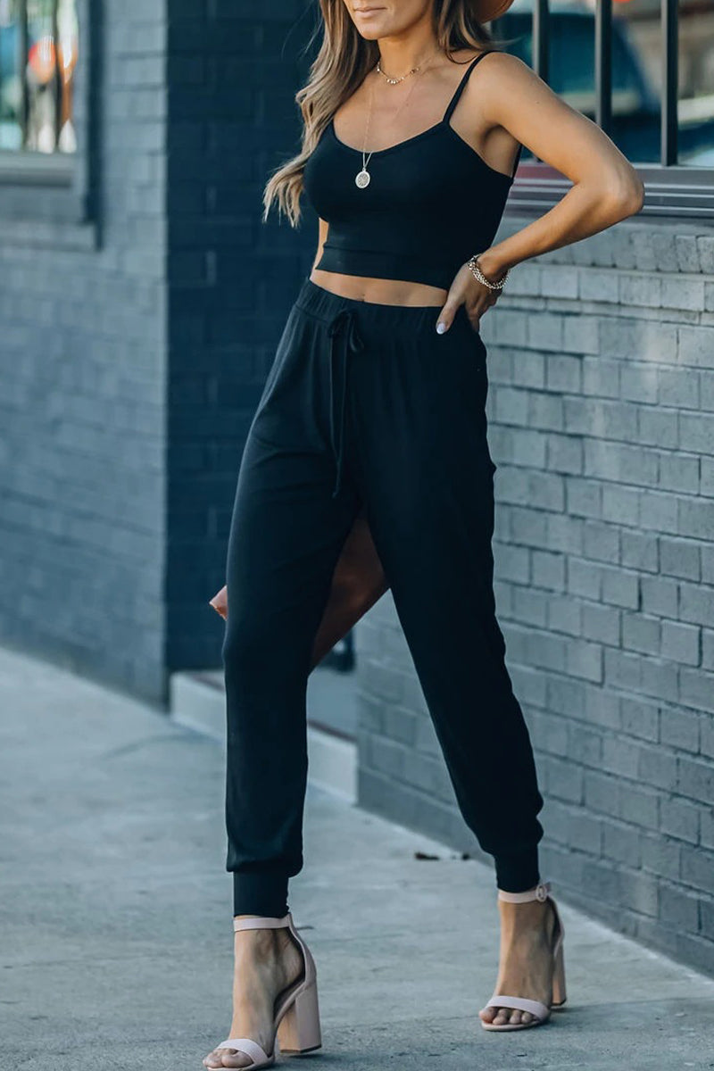 Ensemble deux pièces sport, uni, col en U, sans manches, pour tous les jours.